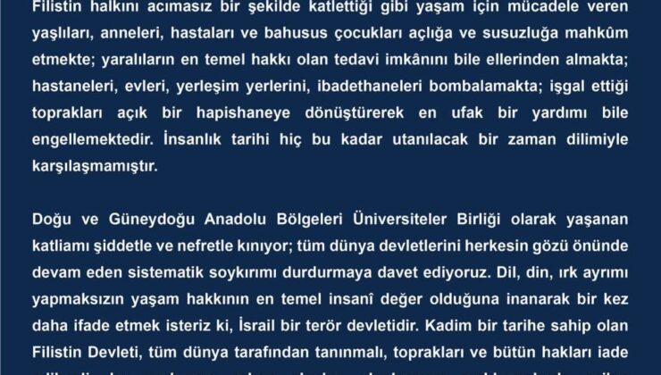 Doğu ve Güneydoğu Anadolu Üniversitelerinden İsrail’e Tepki